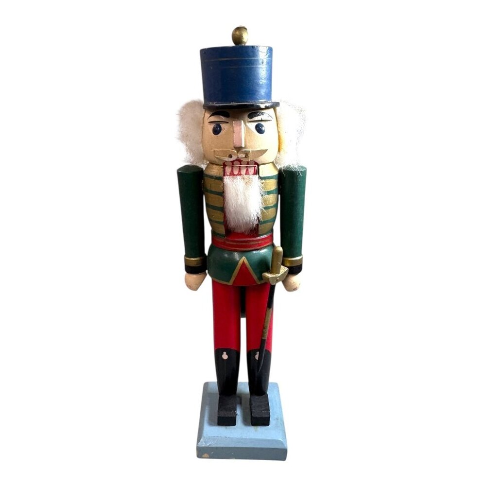 Vintage Wooden Blue Toy Soldier Nutcracker Red Base & Hat Christmas Holiday 14"